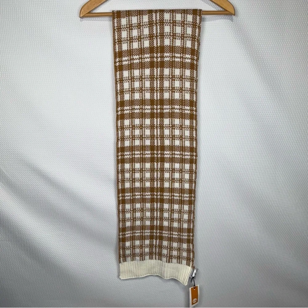 Timberland Brown and Cream Checkered Scarf NWT 64”X 10”